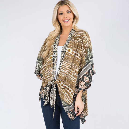Boho Geometric Tribal Inspired Pattern Printed Tie Front Kimono Poncho