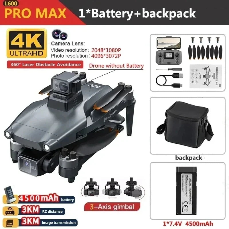 L600 Pro Max GPS Drone 4K 3-Axis PTZ HD Dual Camera Obstacle Avoidance Brushless Motor 5G WiFi RC Quadcopter Toy