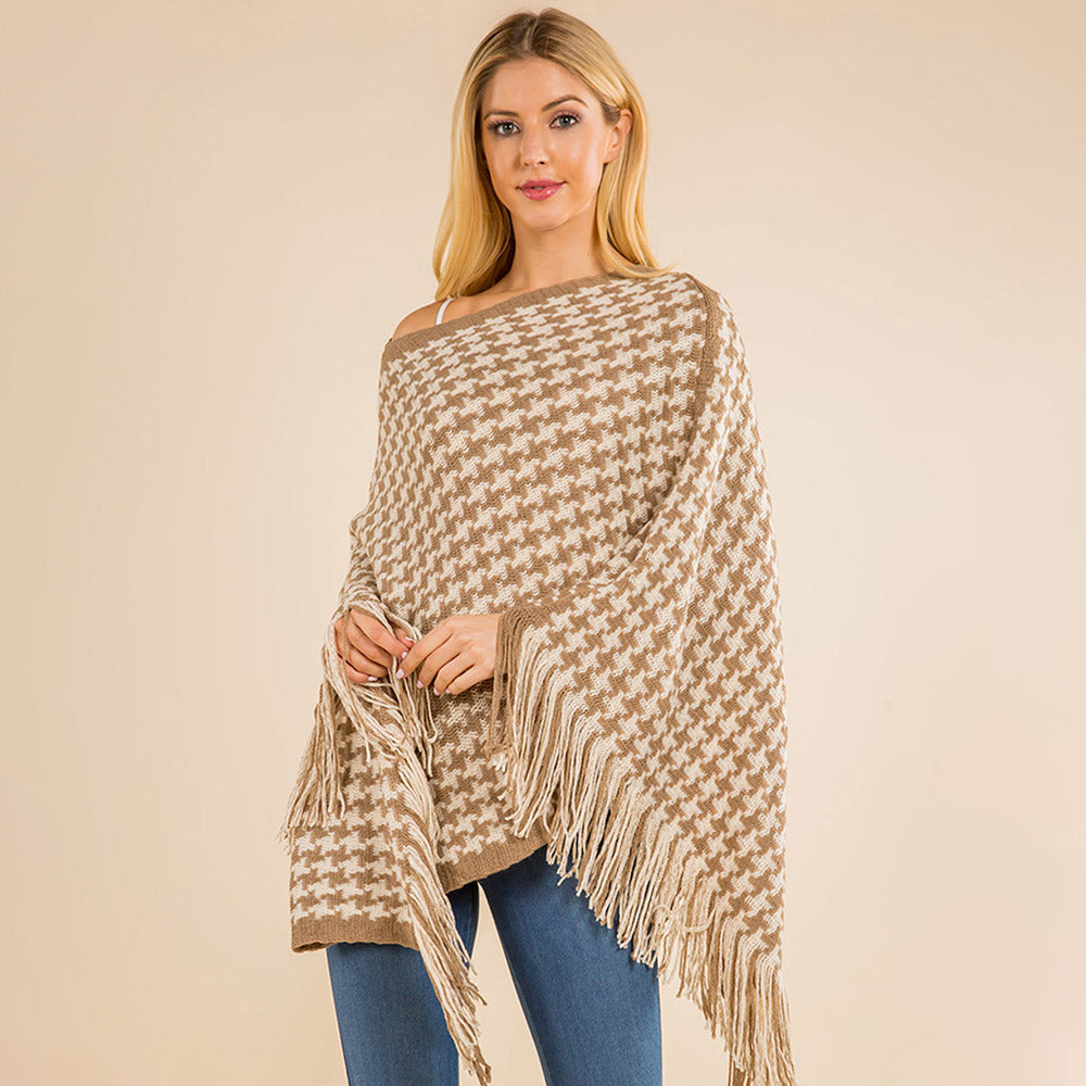 Fringe Hem Houndstooth Knit Poncho