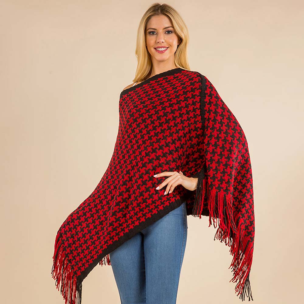 Fringe Hem Houndstooth Knit Poncho