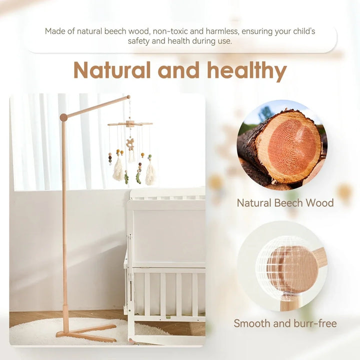 Wooden Baby Rattle Mobile - Crib Bell with Hanging Holder Bracket for Newborns & Infants (0-12 Months)