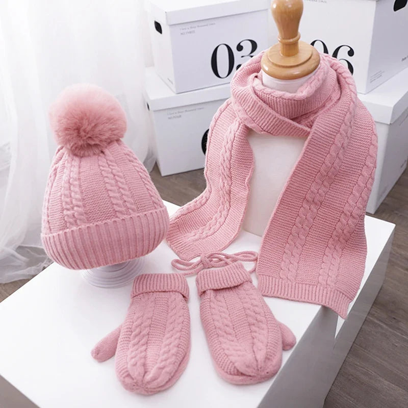 3PCS Winter Baby Hat, Scarf & Gloves Set – Plush Lining Beanie, Neck Warmer & Outdoor Caps for Boys & Girls (1-5 Years)