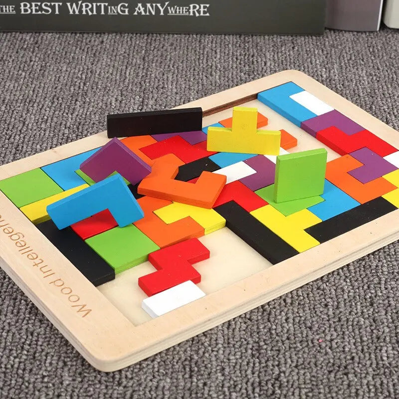 Wooden Tangram Puzzle Blocks Montessori 3D Russian Brain Teaser Toy Colorful Educational Jigsaw for Kids Ages 3-12