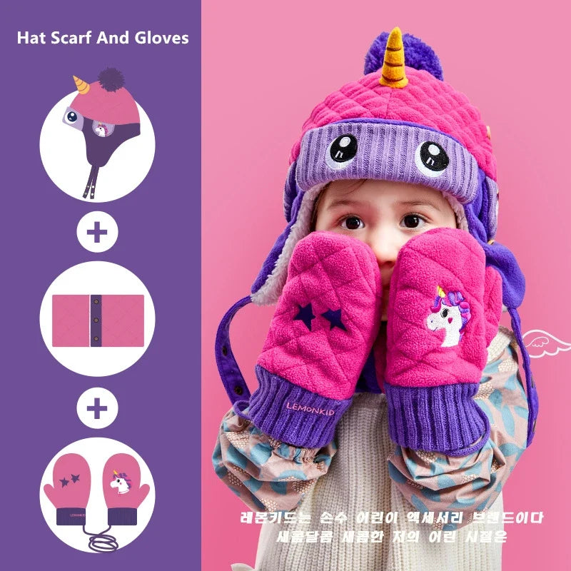Kids Winter Dinosaur & Unicorn Style Hat, Scarf & Gloves Set – Warm Beanie Caps & Ski Suit for Boys & Girls Outdoor Riding Accessories