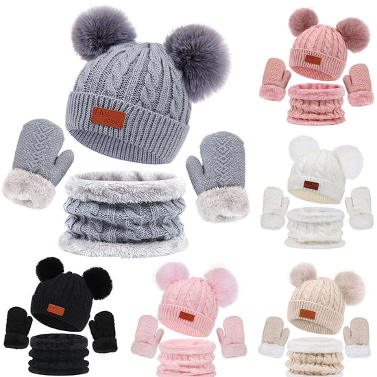 Kids Winter Hat, Scarf & Gloves Set – Double Ball Fleece Lining Baby Beanie Hat for Boys & Girls, Solid Color Knitted Infant Cap (1-4 Years)