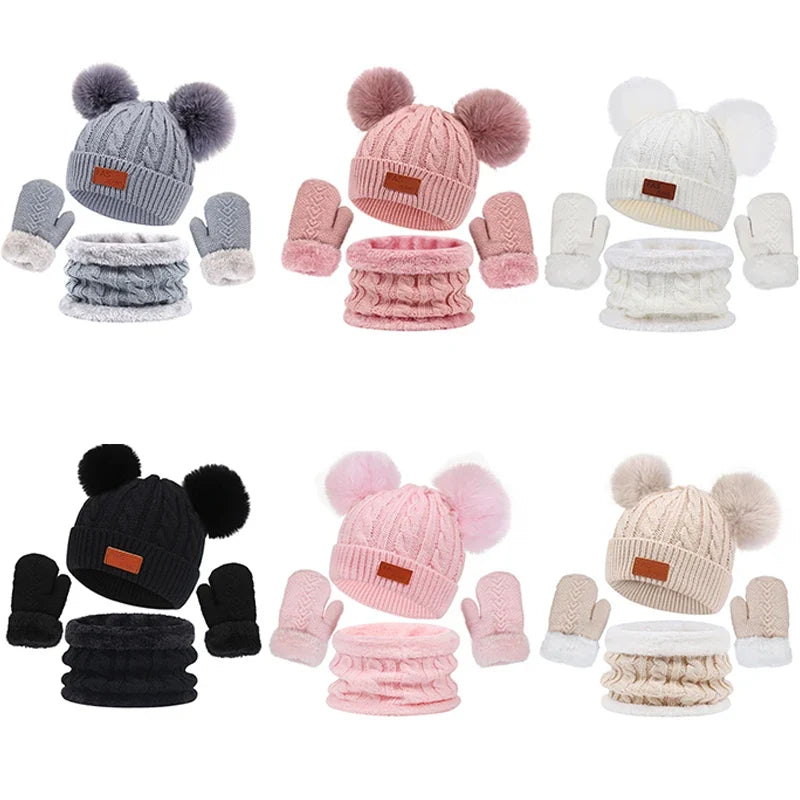 Kids Winter Hat, Scarf & Gloves Set – Double Ball Fleece Lining Baby Beanie Hat for Boys & Girls, Solid Color Knitted Infant Cap (1-4 Years)