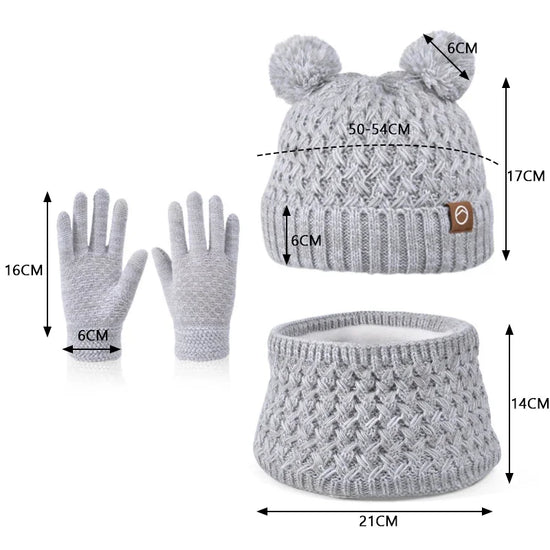 New Children Hats Scarf Gloves Set Cute Bear Colorful Knitted Hat Plus Velvet Warm Hoods Caps for Girls Baby Outdoor Accessories