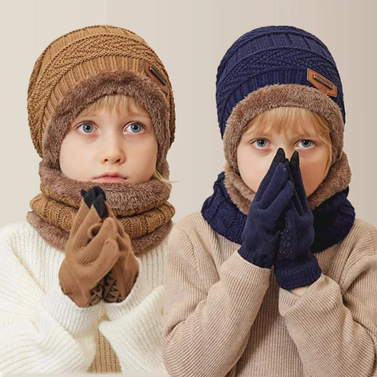 Winter Kids’ Hat, Scarf & Gloves Set – Plush Lining Beanie, Non-Slip Gloves & Neck Warmer for Boys (Ages 4-10)