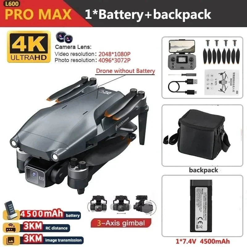 L600 Pro Max GPS Drone 4K 3-Axis PTZ HD Dual Camera Obstacle Avoidance Brushless Motor 5G WiFi RC Quadcopter Toy