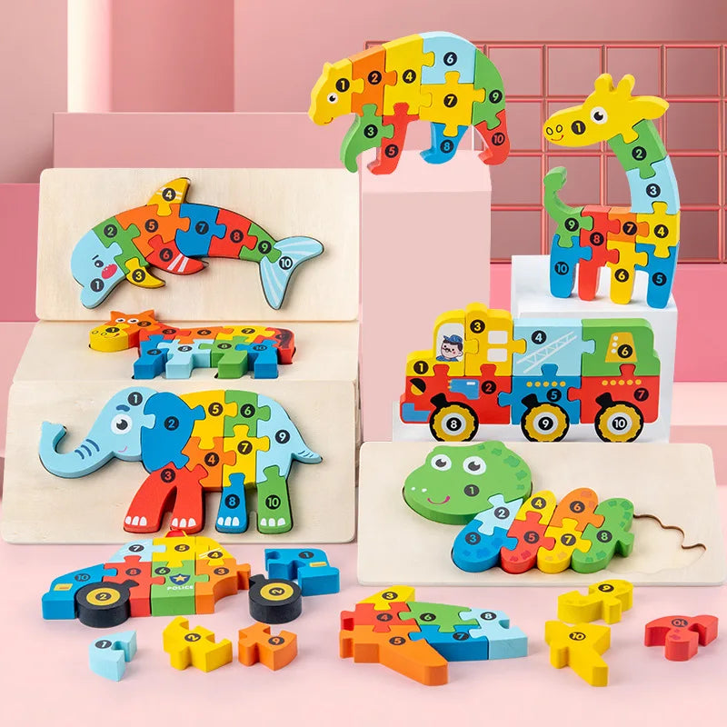Wooden Educational 3D Building Blocks – Cartoon Animal Puzzle Toy for Babies, Ages 1 to 3 Years
