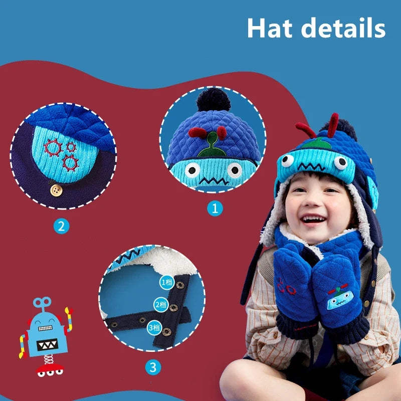 Kids Winter Dinosaur & Unicorn Style Hat, Scarf & Gloves Set – Warm Beanie Caps & Ski Suit for Boys & Girls Outdoor Riding Accessories