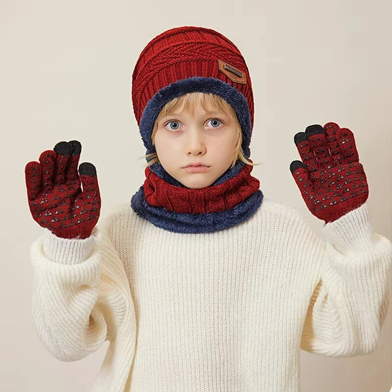 Winter Kids’ Hat, Scarf & Gloves Set – Plush Lining Beanie, Non-Slip Gloves & Neck Warmer for Boys (Ages 4-10)