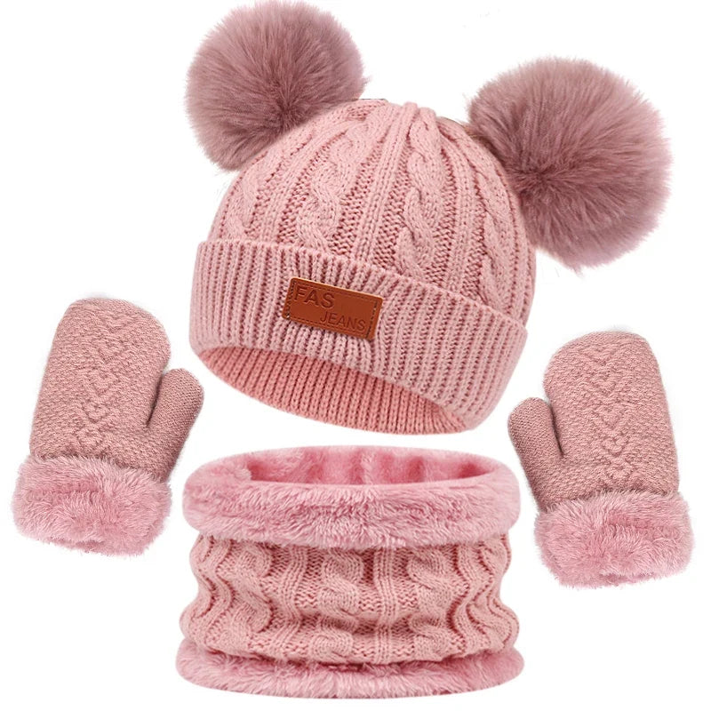 Kids Winter Hat, Scarf & Gloves Set – Double Ball Fleece Lining Baby Beanie Hat for Boys & Girls, Solid Color Knitted Infant Cap (1-4 Years)