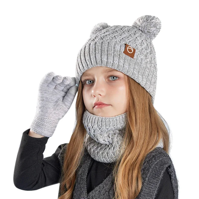 New Children Hats Scarf Gloves Set Cute Bear Colorful Knitted Hat Plus Velvet Warm Hoods Caps for Girls Baby Outdoor Accessories