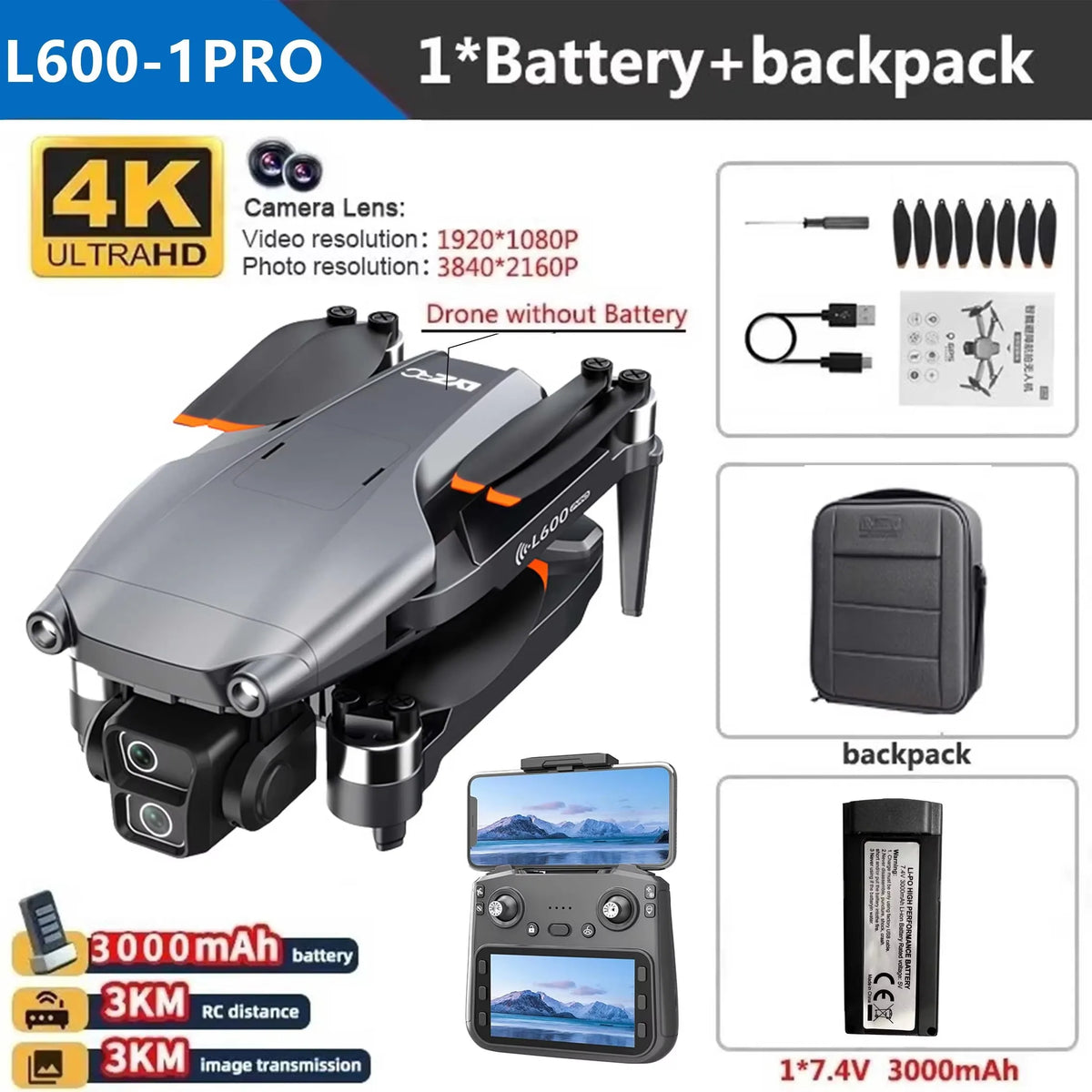 L600-1 Pro Max GPS Drone 4K HD Dual Camera with Screen 5G WiFi 360° Obstacle Avoidance Brushless RC Quadcopter