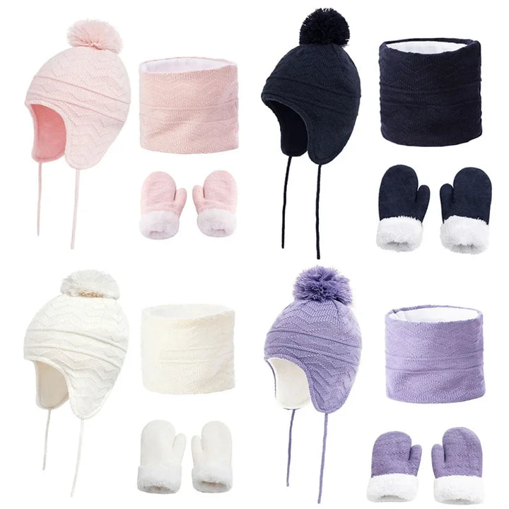 4Pcs Baby Winter Hat, Scarf & Gloves Set – Fleece Knitted Infant Bonnet, Beanie Hats, Neck Warmer & Mittens with Pompom for Kids (S/L)
