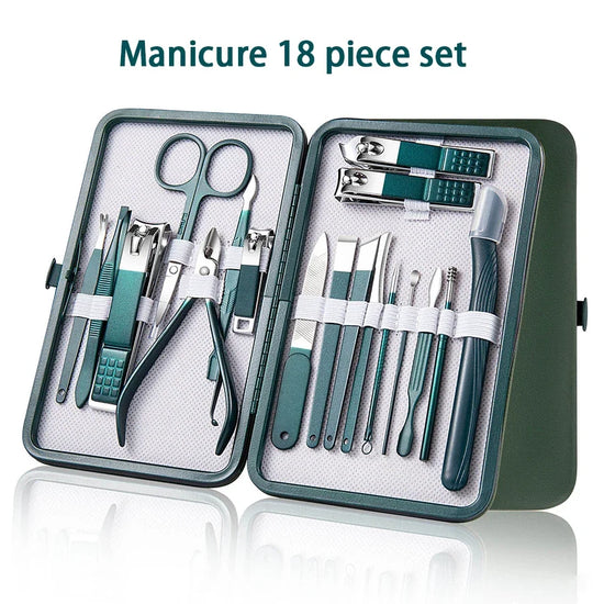 Green 6-18 Pcs Manicure Set With Leather Case Professional Foot And Face Care Tool Kits Stainless Steel Nail Clipper Sets Gift