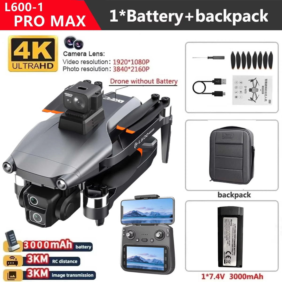 L600-1 Pro Max GPS Drone 4K HD Dual Camera with Screen 5G WiFi 360° Obstacle Avoidance Brushless RC Quadcopter