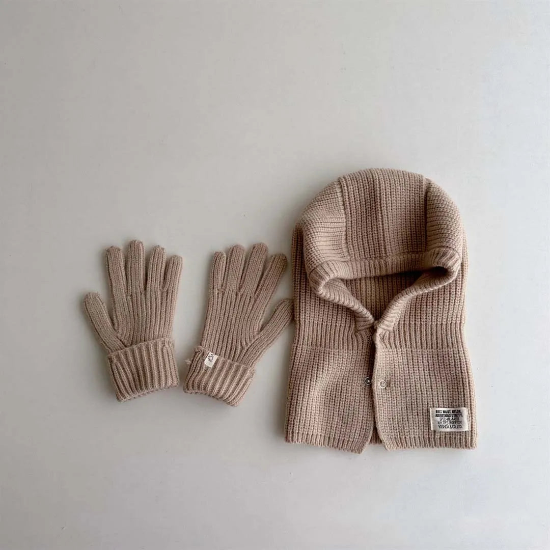 Korean Knitted Kids Hat, Scarf & Gloves Set – Autumn & Winter Baby Pullover Hat with Label for Ear, Neck & Hand Protection – Warm Children’s Winter Accessories