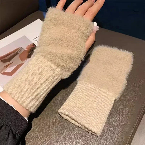 Women's Fingerless Gloves, Plush Warm Knitted Winter Mittens