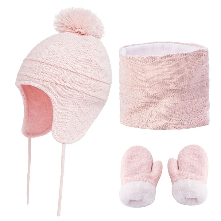 4Pcs Baby Winter Hat, Scarf & Gloves Set – Fleece Knitted Infant Bonnet, Beanie Hats, Neck Warmer & Mittens with Pompom for Kids (S/L)