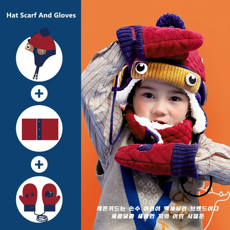 Kids Winter Dinosaur & Unicorn Style Hat, Scarf & Gloves Set – Warm Beanie Caps & Ski Suit for Boys & Girls Outdoor Riding Accessories