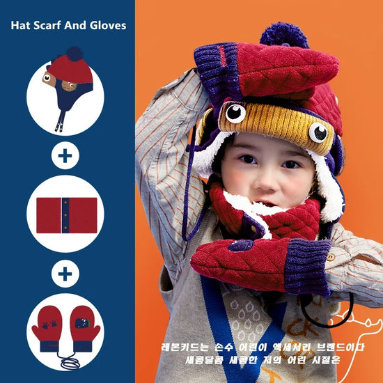 Kids Winter Dinosaur & Unicorn Style Hat, Scarf & Gloves Set – Warm Beanie Caps & Ski Suit for Boys & Girls Outdoor Riding Accessories