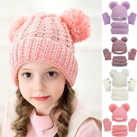 Winter Warm Children’s Hat Scarf Gloves Set – Thick Windproof Beanie Hat, Cover Hood & Scarf for Kids – Cozy Baby & Children Winter Accessories