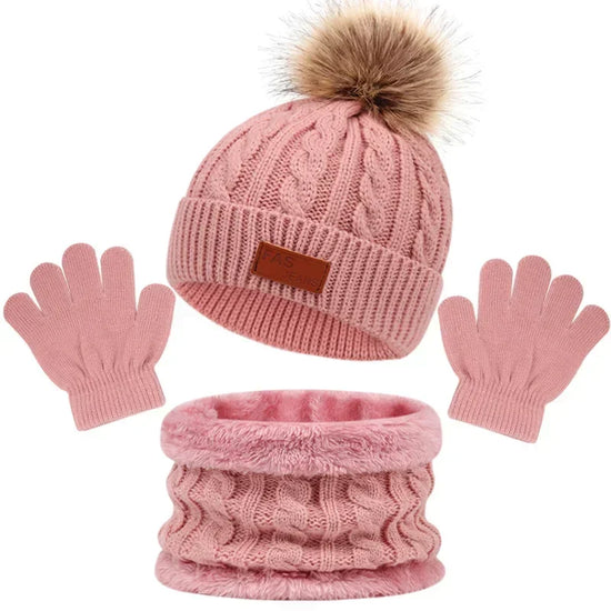 Baby Winter Hat, Scarf & Gloves Set – Knitted Beanie with Fur Ball, Soft Kids Cap for Boys & Girls, Cozy Toddler Winter Accessories (1-5Y)