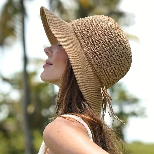 Crochet Linen Sun Hat – Wide Brim Breathable Summer Beach Hat with Chin Strap | Foldable Travel Hat for Women