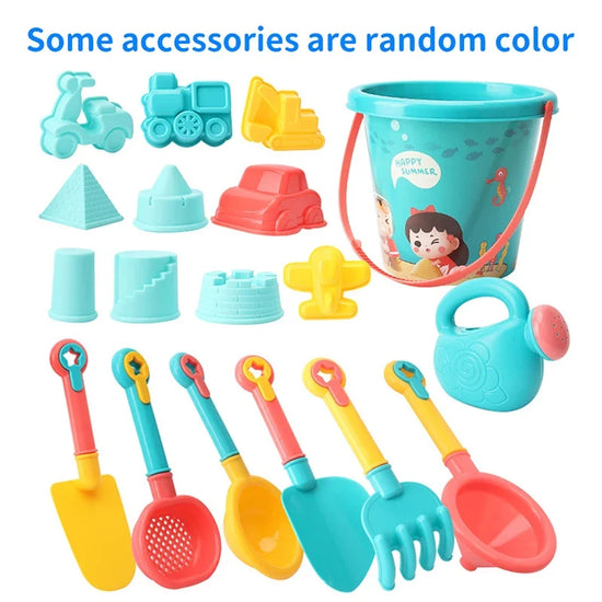 Children’s Beach Toy Set With Plastic Bucket, Watering Bottle & Shovels — Outdoor Sand & Water Play Tools