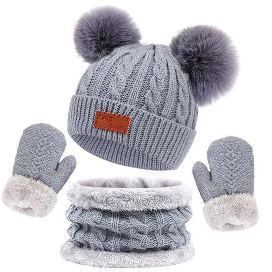 Kids Winter Hat, Scarf & Gloves Set – Double Ball Fleece Lining Baby Beanie Hat for Boys & Girls, Solid Color Knitted Infant Cap (1-4 Years)