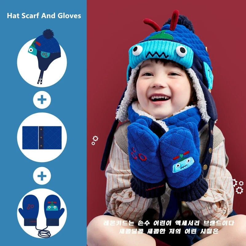 Kids Winter Dinosaur & Unicorn Style Hat, Scarf & Gloves Set – Warm Beanie Caps & Ski Suit for Boys & Girls Outdoor Riding Accessories