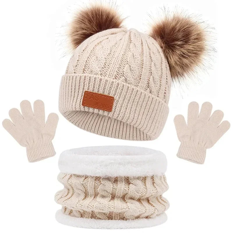 Baby Winter Hat, Scarf & Gloves Set – Knitted Beanie with Fur Ball, Soft Kids Cap for Boys & Girls, Cozy Toddler Winter Accessories (1-5Y)