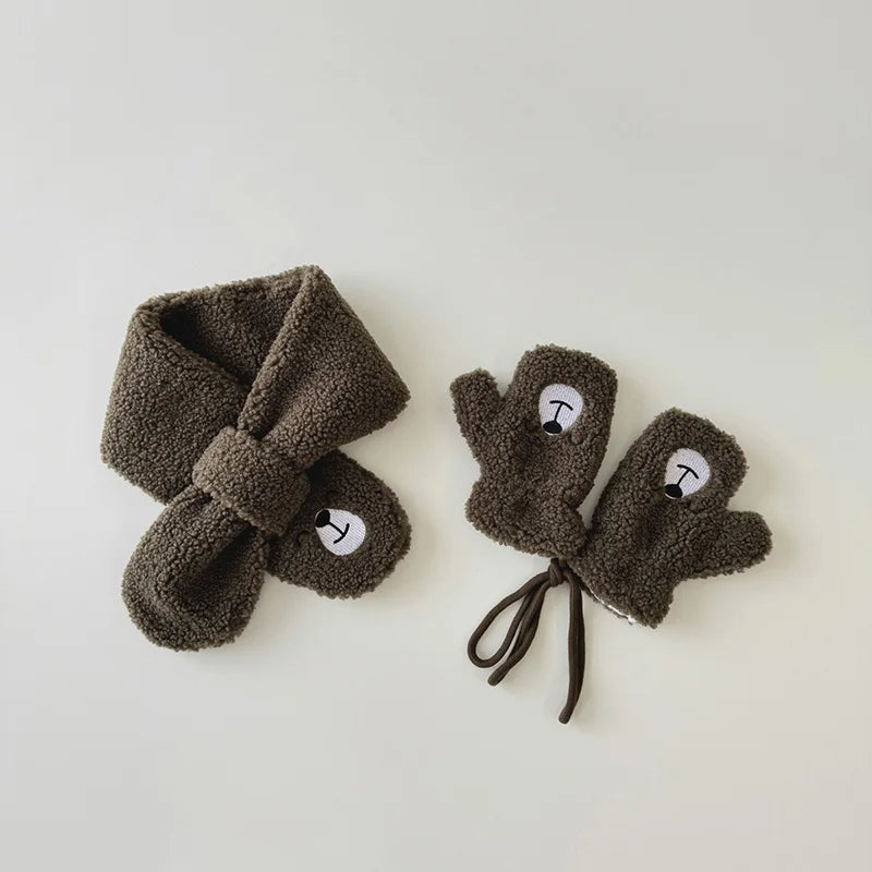 Winter Baby Scarf & Glove Set – Polar Fleece Cartoon Bear Scarf & Plush Mittens for Boys & Girls (2-5Y) – Cute Kids Winter Accessories