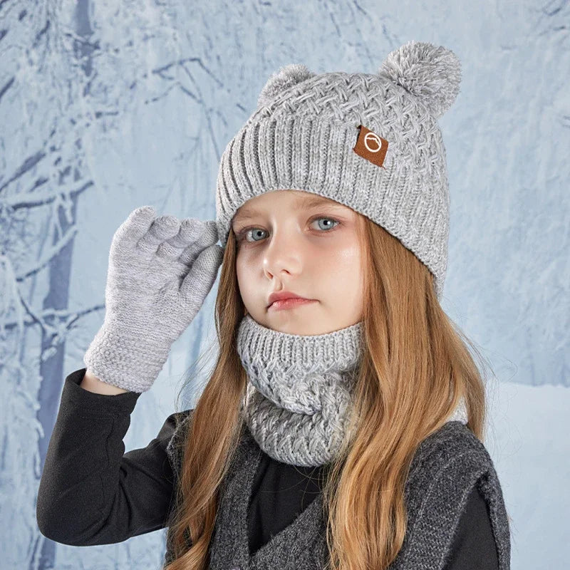 New Children Hats Scarf Gloves Set Cute Bear Colorful Knitted Hat Plus Velvet Warm Hoods Caps for Girls Baby Outdoor Accessories