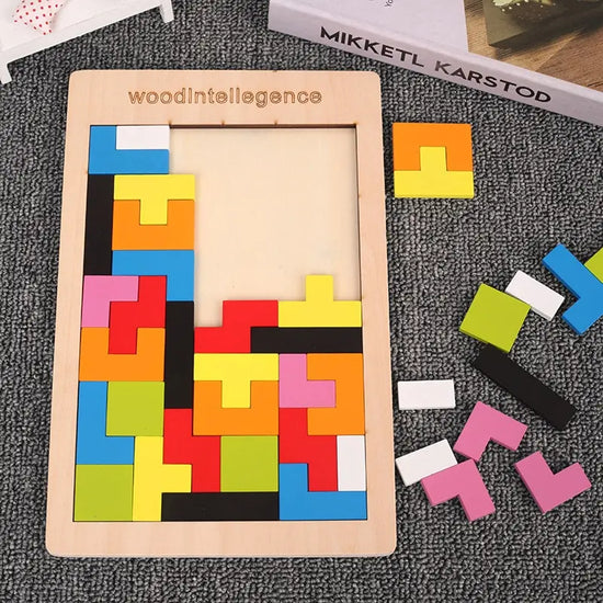Wooden Tangram Puzzle Blocks Montessori 3D Russian Brain Teaser Toy Colorful Educational Jigsaw for Kids Ages 3-12