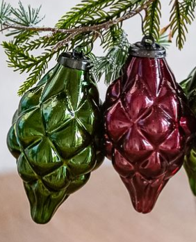 Set of 4 Green and Red Checker Glass Ornaments