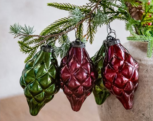 Set of 4 Green and Red Checker Glass Ornaments