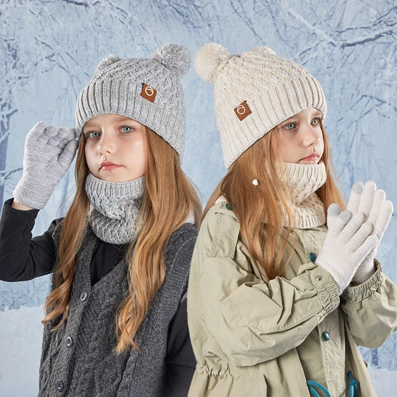 New Children Hats Scarf Gloves Set Cute Bear Colorful Knitted Hat Plus Velvet Warm Hoods Caps for Girls Baby Outdoor Accessories