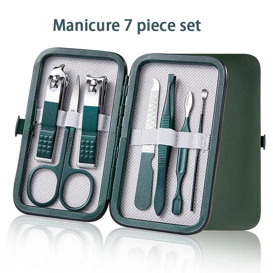 Green 6-18 Pcs Manicure Set With Leather Case Professional Foot And Face Care Tool Kits Stainless Steel Nail Clipper Sets Gift