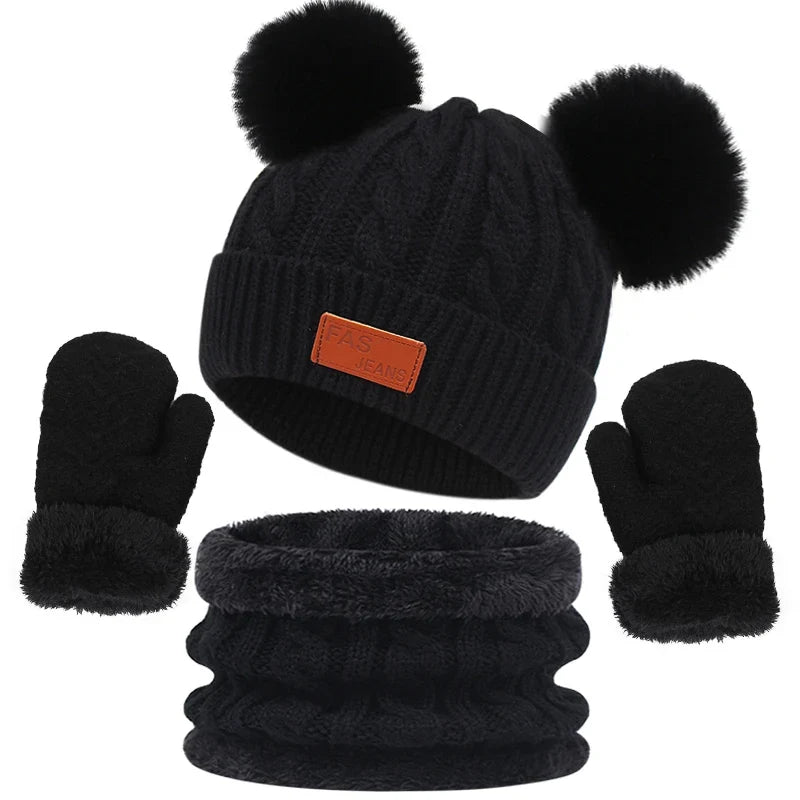 Kids Winter Hat, Scarf & Gloves Set – Double Ball Fleece Lining Baby Beanie Hat for Boys & Girls, Solid Color Knitted Infant Cap (1-4 Years)