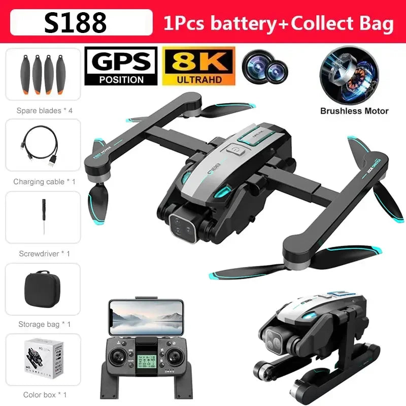 S188 GPS Drone 8K HD Dual Camera 5G WiFi Obstacle Avoidance Brushless Foldable Quadcopter RC 2KM Range Toy