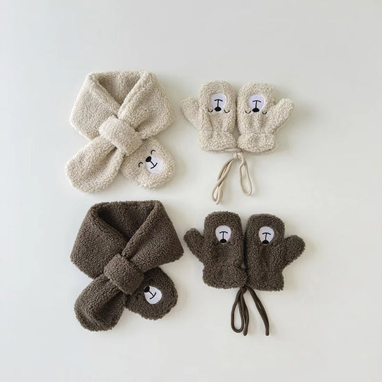 Winter Baby Scarf & Glove Set – Polar Fleece Cartoon Bear Scarf & Plush Mittens for Boys & Girls (2-5Y) – Cute Kids Winter Accessories