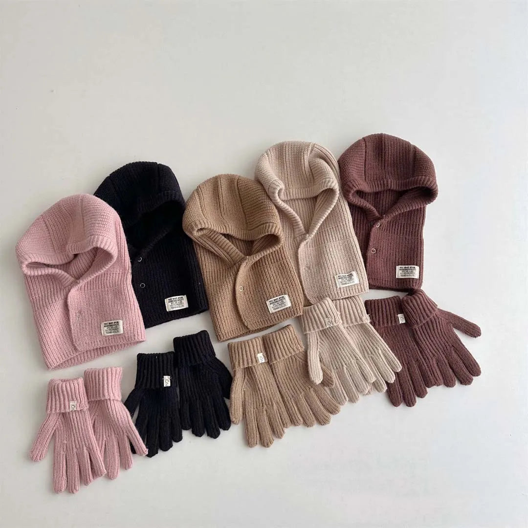 Korean Knitted Kids Hat, Scarf & Gloves Set – Autumn & Winter Baby Pullover Hat with Label for Ear, Neck & Hand Protection – Warm Children’s Winter Accessories