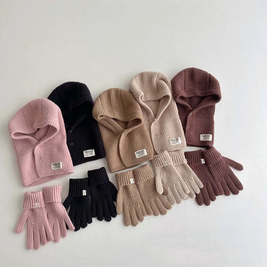 Korean Knitted Kids Hat, Scarf & Gloves Set – Autumn & Winter Baby Pullover Hat with Label for Ear, Neck & Hand Protection – Warm Children’s Winter Accessories