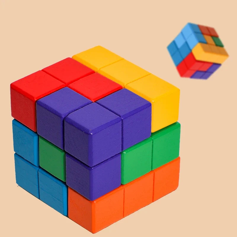 3D Wooden Soma Cube Puzzle Montessori STEM Building Blocks Brain Teaser Toy for Kids