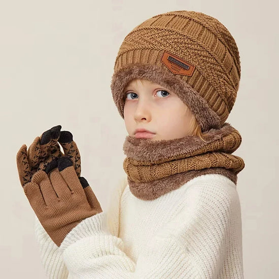 Winter Kids’ Hat, Scarf & Gloves Set – Plush Lining Beanie, Non-Slip Gloves & Neck Warmer for Boys (Ages 4-10)