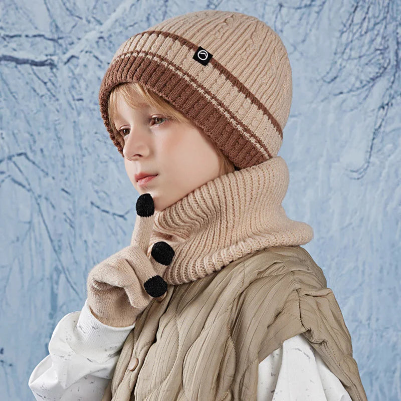 Kids’ Winter Hat, Scarf & Gloves Set – 3-Piece Fleece-Lined Beanie & Neck Warmer for Boys & Girls (Ages 4-10)