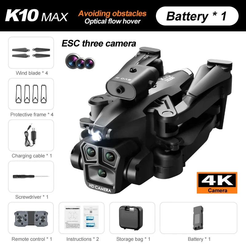K10 Max RC Drone – HD 4K Quadcopter with 3 Cameras, Obstacle Avoidance, and WIFI FPV